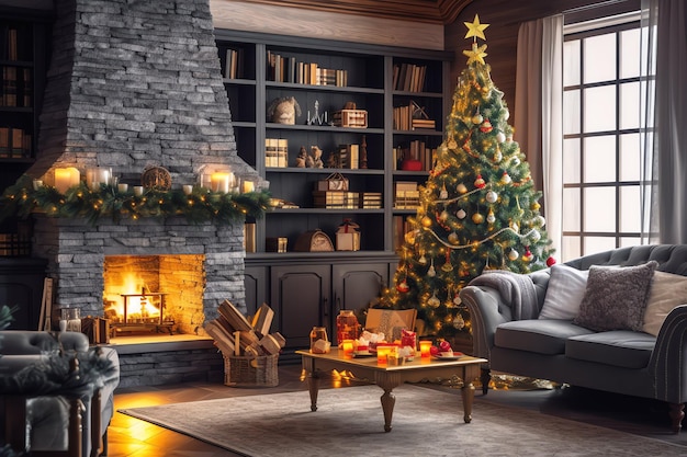 Уютная гостиная с камином и рождественской елкой в классическом интерьере Счастливого Рождества