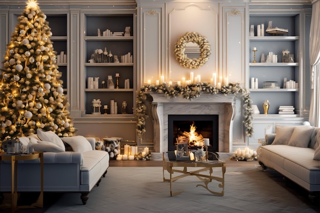Cosy living room with fireplace and christmas tree in classic interior Merry christmas background