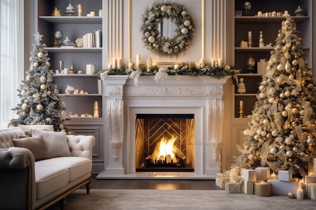 Cosy living room with fireplace and christmas tree in classic interior Merry christmas background