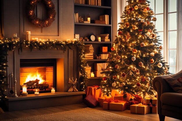 Cosy living room with fireplace and christmas tree in classic interior Merry christmas background