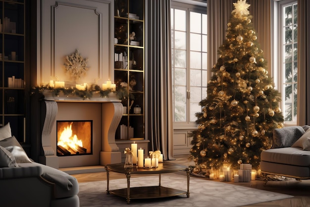 クラシックなインテリアの暖炉とクリスマスツリーのある快適なリビングルーム メリークリスマスの背景