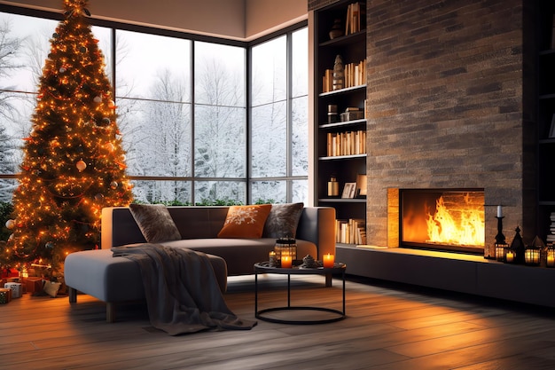 Cosy living room with fireplace and christmas tree in classic interior merry christmas background