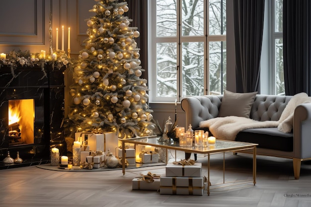 Cosy living room with fireplace and christmas tree in classic interior Merry christmas background