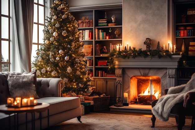 Уютная гостиная с камином и рождественской елкой в классическом интерьере Счастливого Рождества