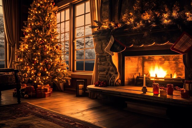 Cosy living room with fireplace and christmas tree in classic interior merry christmas background