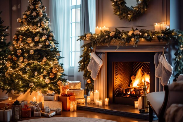 Photo cosy living room with fireplace and christmas tree in classic interior merry christmas background