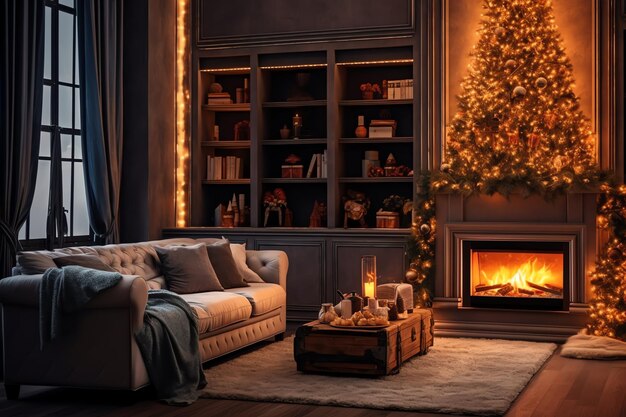 Photo cosy living room with fireplace and christmas tree in classic interior merry christmas background