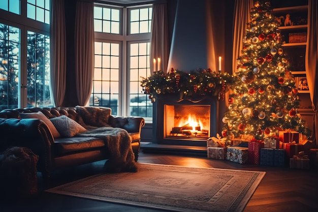 Cosy living room with fireplace and christmas tree in classic interior Merry christmas background