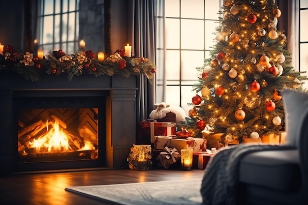 Cosy living room with fireplace and christmas tree in classic interior merry christmas background