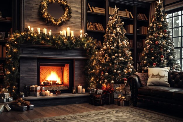 Photo cosy living room with fireplace and christmas tree in classic interior merry christmas background