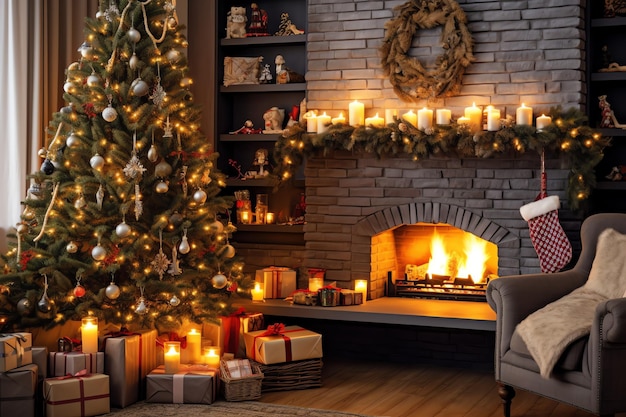 クラシックなインテリアのメリー クリスマスの背景に暖炉とクリスマス ツリーのある居心地の良いリビング ルーム