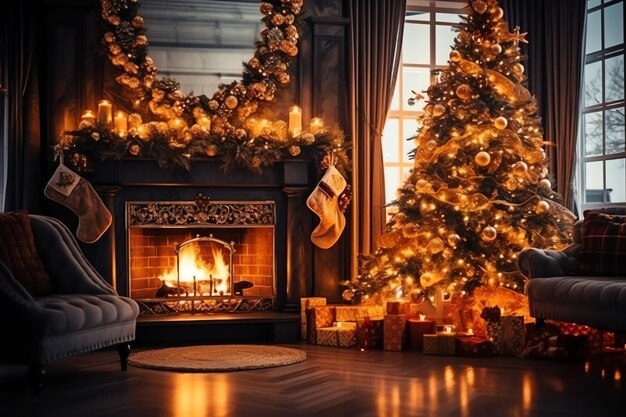 Photo cosy living room with fireplace and christmas tree in classic interior merry christmas background