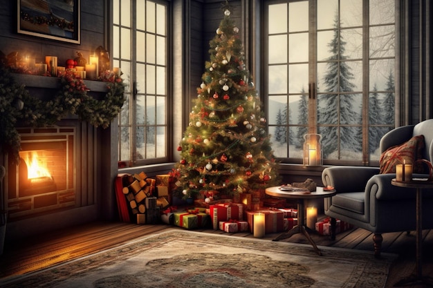 Cosy living room with fireplace and christmas tree in classic interior merry christmas background