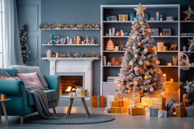 Cosy living room with fireplace and christmas tree in classic interior Merry christmas background