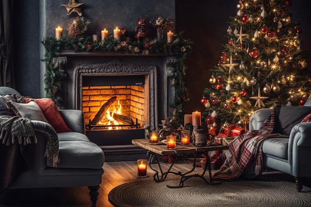 Уютная гостиная с камином и елкой в классическом интерьере Счастливого Рождества