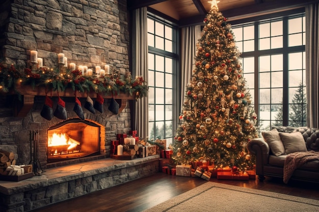 Cosy living room with fireplace and christmas tree in classic interior Merry christmas background