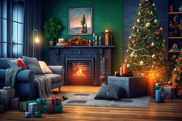 Cosy living room with fireplace and christmas tree in classic interior merry christmas background