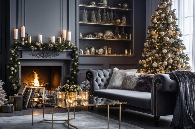 Cosy living room with fireplace and christmas tree in classic interior Merry christmas background