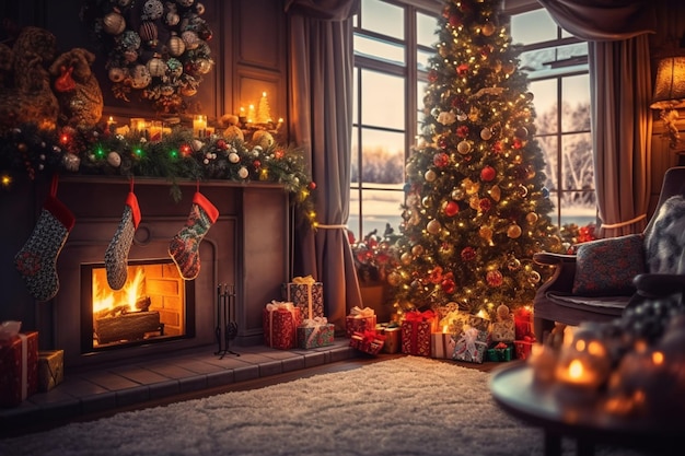 Cosy living room with fireplace and christmas tree in classic interior Merry christmas background