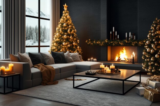 クラシックなインテリアのメリー クリスマスの背景に暖炉とクリスマス ツリーのある居心地の良いリビング ルーム