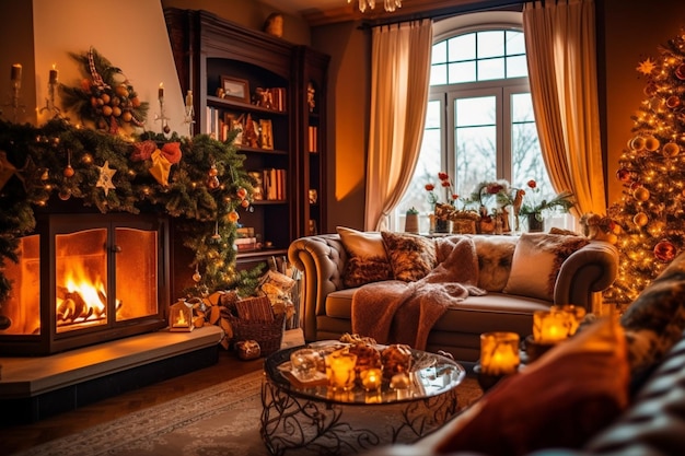 Cosy living room with fireplace and christmas tree in classic interior Merry christmas background