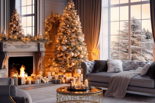 Cosy living room with fireplace and christmas tree in classic interior Merry christmas background