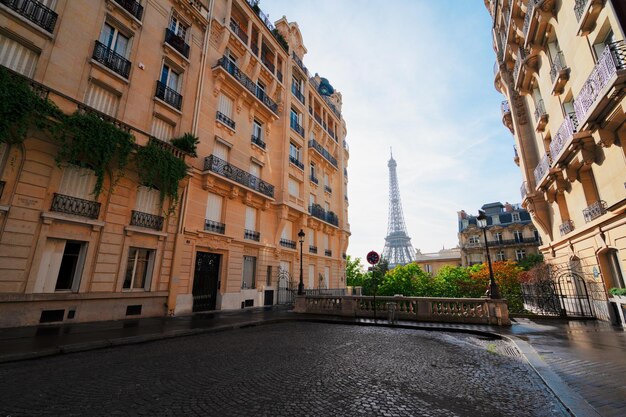 Уютная парижская улица с видом на знаменитую Эйфелевую башню в облачный летний день в Париже, Франция