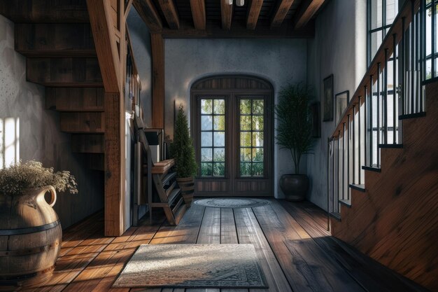Photo cosy and rustic interior of the living room room has wooden floors and walls staircase with wooden steps and railings leads to another level of the house