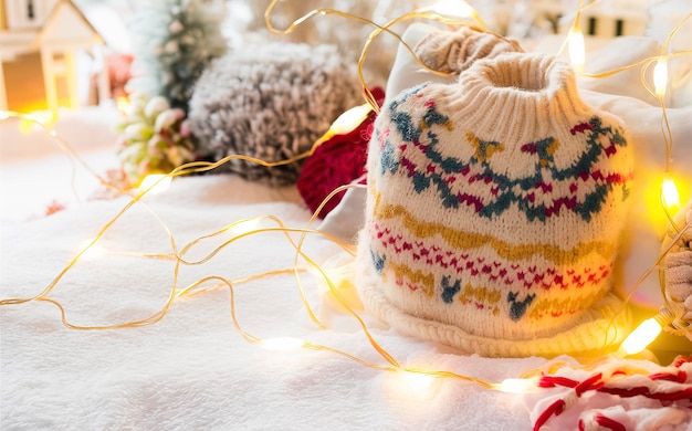 Photo cosy and soft winter background knitted sweater and lights