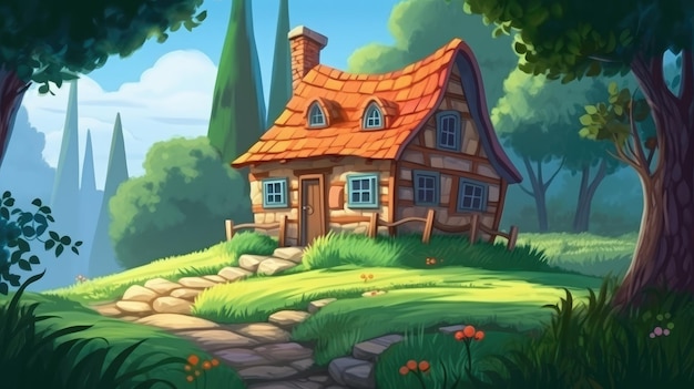 숲에 있는 오두막집 (Cottage on forest cartoon illsutration)