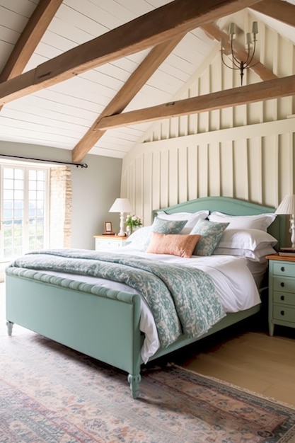 Cottage bedroom decor interior design and holiday rental bed with elegant bedding linen and antique furniture English country house and farmhouse style