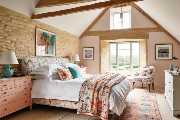 코티지 침실 장식, 인테리어 디자인 및 휴가 임대 침대, 우아한 침대 옷과 고대 가구, 영국 시골 주택 및 농장 스타일