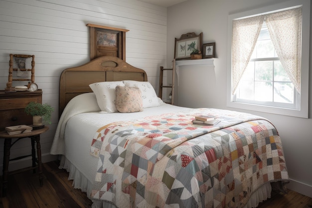 Спальня в коттедже с уютным стеганым одеялом и винтажной тумбочкой