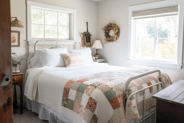 Cottage bedroom with cozy quilt and vintage nightstand