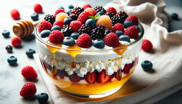 Cottage cheese and berry dessert with fruits and honey