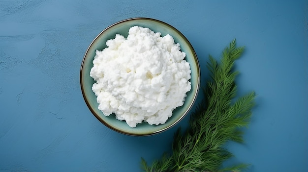 Photo cottage cheese in a bowl on a blue background top view