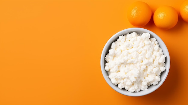 Cottage cheese in a bowl on simple background with copy space