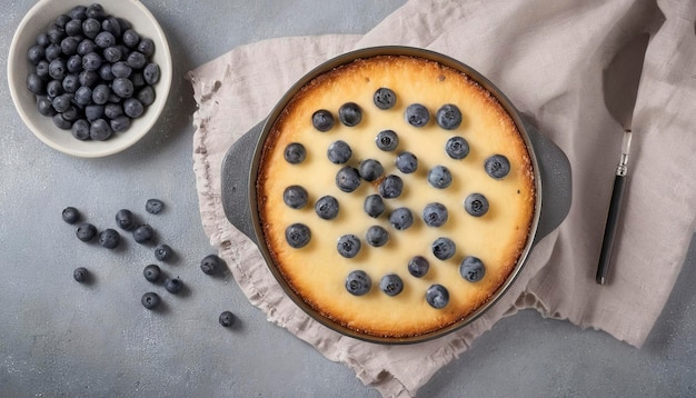 Cottage cheese casserole Cheesecake with blueberries in pan