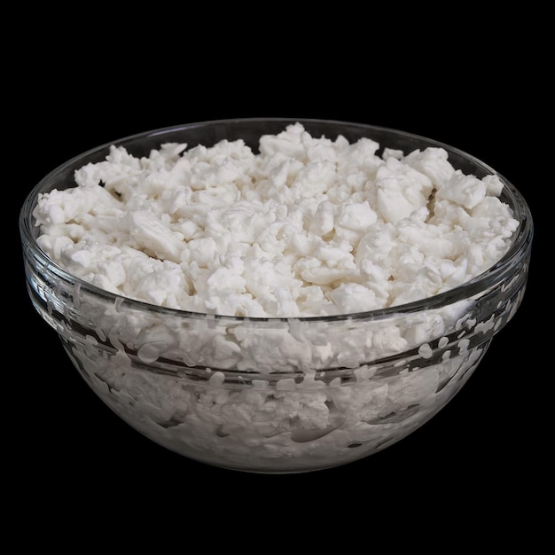 Cottage cheese in glass bowl isolated on black background Side view of Acidic cultured curd