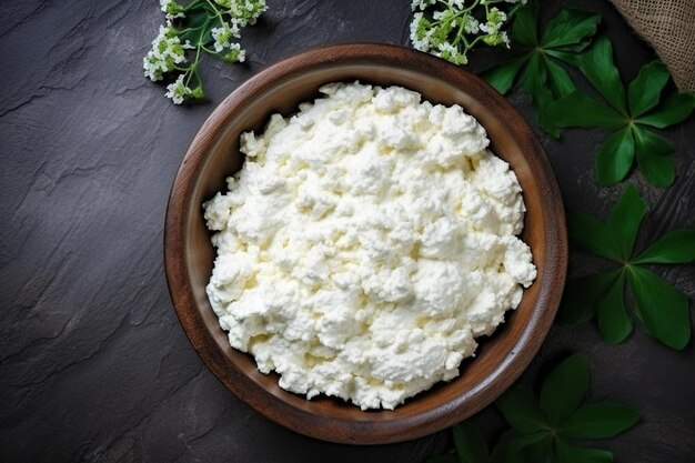 Cottage cheese homemade rustic background top view the texture of cottage cheese