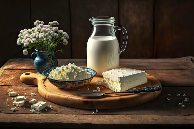 Cottage cheese and milk with dairy product on wooden board