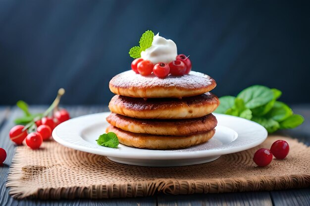 Cottage cheese pancakes or curd fritters stack with sour cream mint leaf and red currant of almon