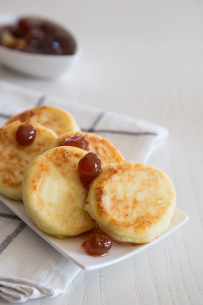 Cottage cheese pancakes, homemade traditional Ukrainian and Russian syrniki. Healthy Breakfast/