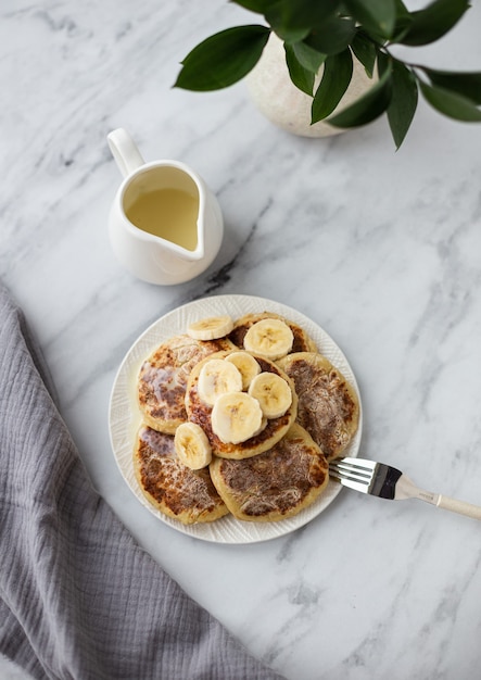 Cottage cheese pancakes with condensed milk