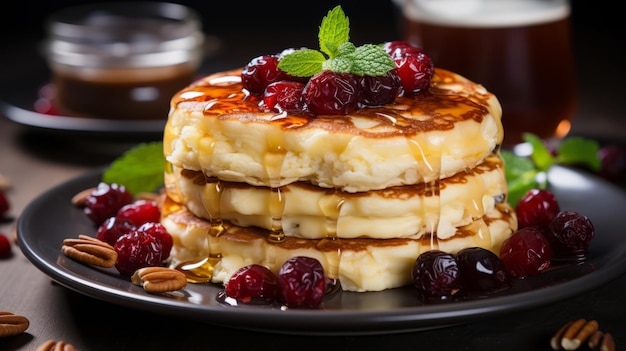 Cottage cheese pancakes with honey cranberries and tea