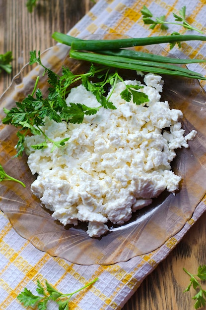 Cottage cheese in a plate on the table and fresh herbs