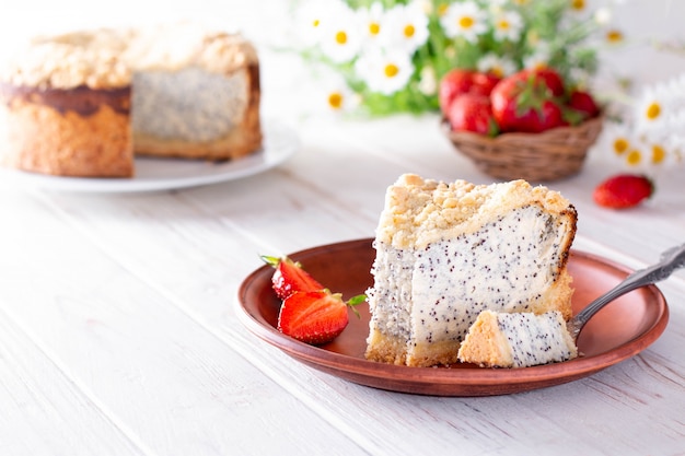 Cottage cheese poppy seed cake in a ceramic plate on a white wooden background. Copy space
