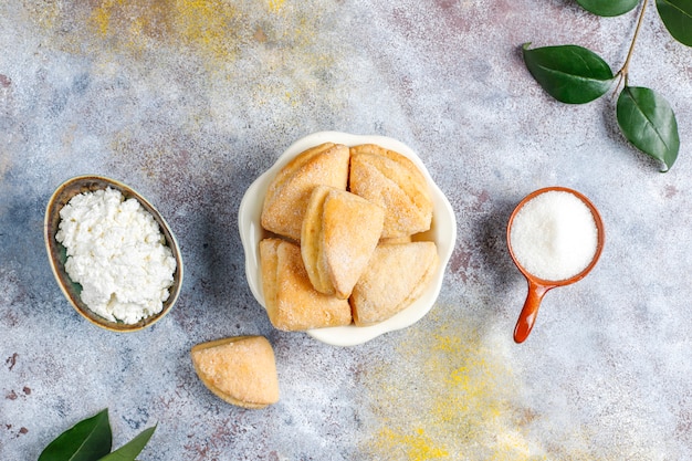 Cottage cheese and sugar cookies crows feet triangle cookies,top view