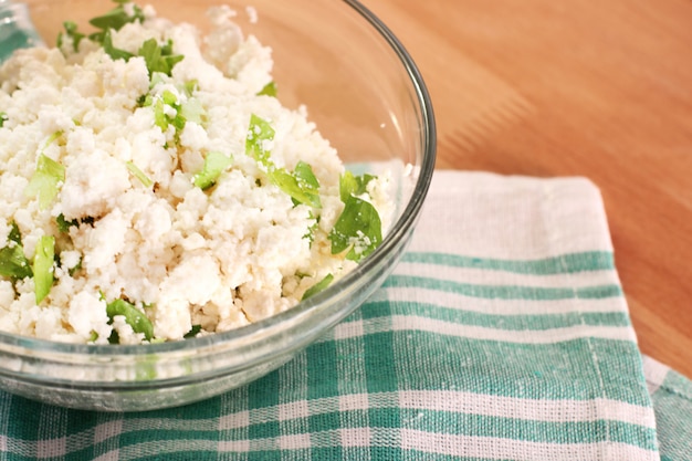 Cottage cheese with chopped parsley.