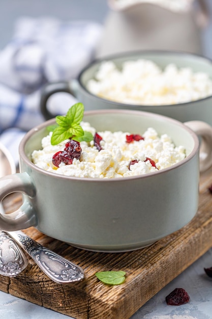 Cottage cheese with dried cranberries in a bowl